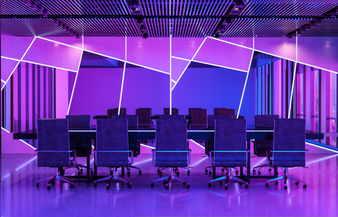 Vibrant purple and blue board room